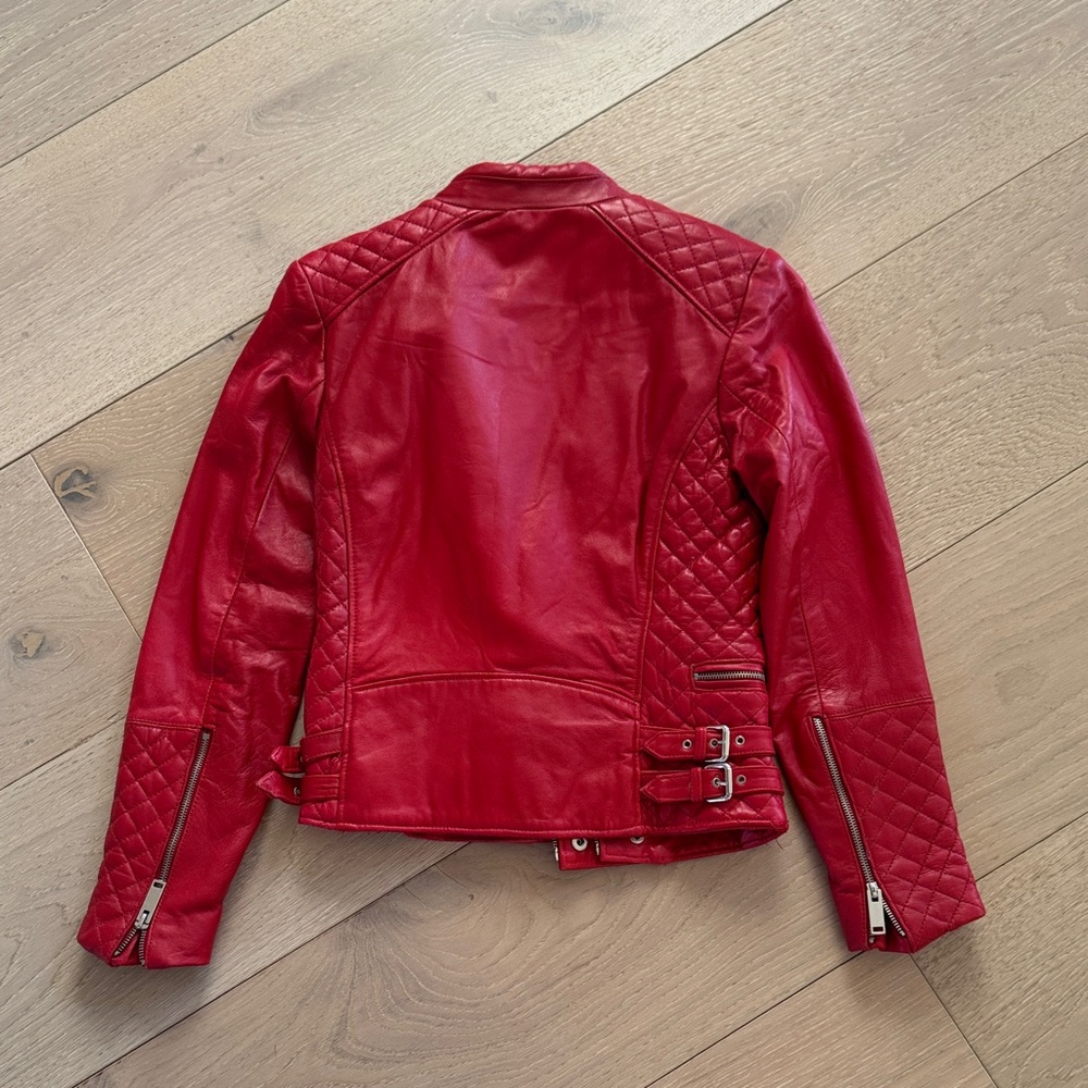 Zara Red Quilted Moto Leather Jacket - Picture 2 of 7